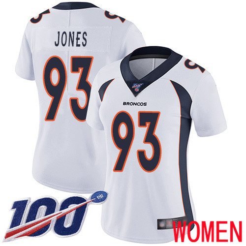 Women Denver Broncos #93 Dre Mont Jones White Vapor Untouchable Limited Player 100th Season Football NFL Jersey